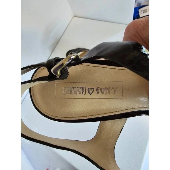 COACH Poppy Horizon Black Patent Leather Flower Ankle Heeled Sandals Sz 10 B - Picture 9 of 12